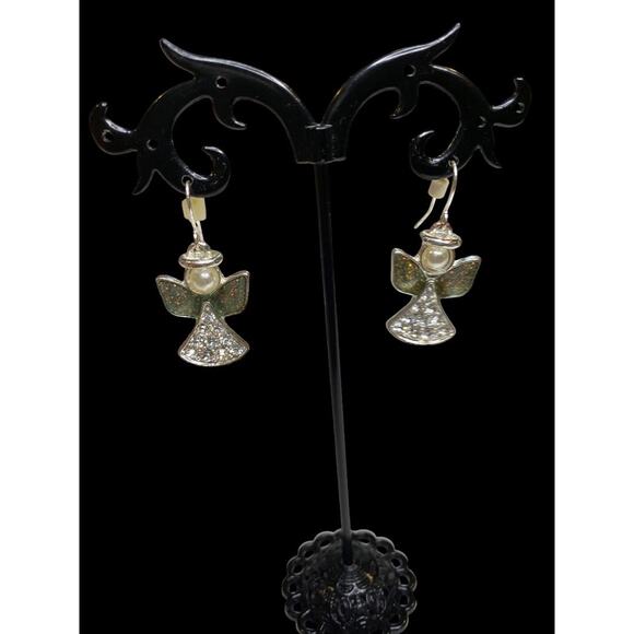 Angel Earrings Fishhook Pierced Silvertone 1.4" Drop Sparkly - Picture 2 of 7